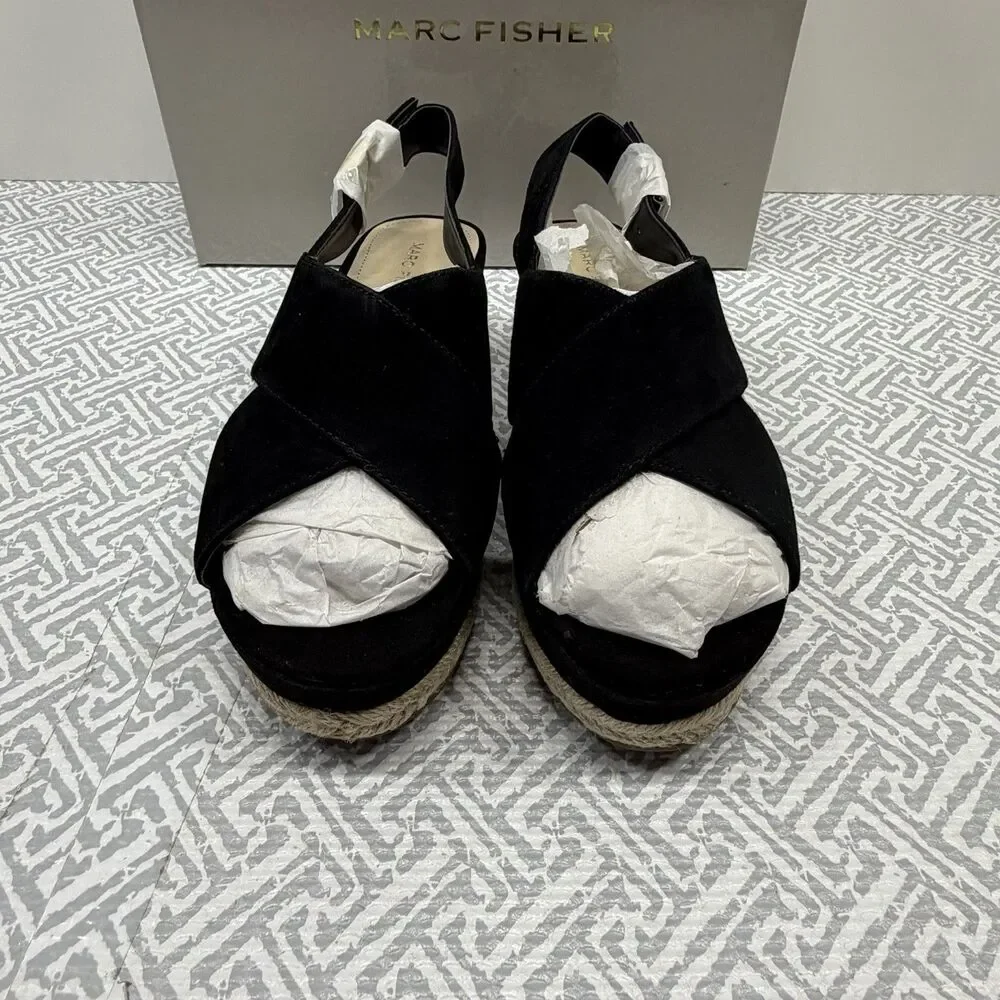Marc Fisher Black Suede Flama Slingback Espadrille Platform Wedge Sandals 6 New